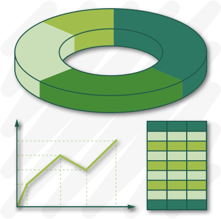 Ilustração com um gráfico de pizza na esquerda e uma tabela na direita.